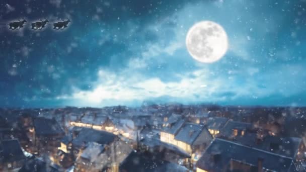 Winterdorf Den Bergen Schöne Weihnachtslandschaft Ist Vollmond Himmel Und Schneit — Stockvideo