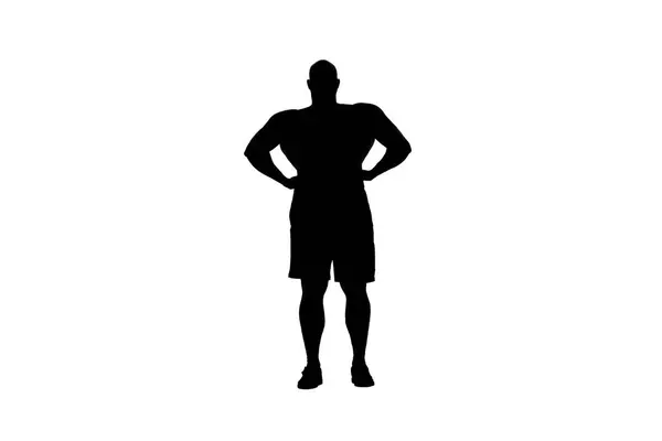 Shot Man Stands Silhouette White Background Athlete Bodybuilder Bodybuilder Demonstrates — Stock Photo, Image