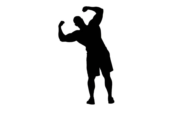 Frame Man Stands Silhouetted White Background Athlete Bodybuilder Bodybuilder Demonstrates — Stock Photo, Image