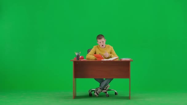 現代の子供の学校とレジャー時間の広告の概念 クロマキーグリーンスクリーンの少年肖像画 学校の宿題をする机に座って ノートに書いたり 疲れたり — ストック動画