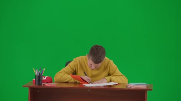 現代の子供の学校とレジャー時間の広告の概念 クロマキーグリーンスクリーンの少年肖像画 学校のボーイは宿題をする 疲れた それに書く助けの単語の印を握る ミドルショット — ストック動画