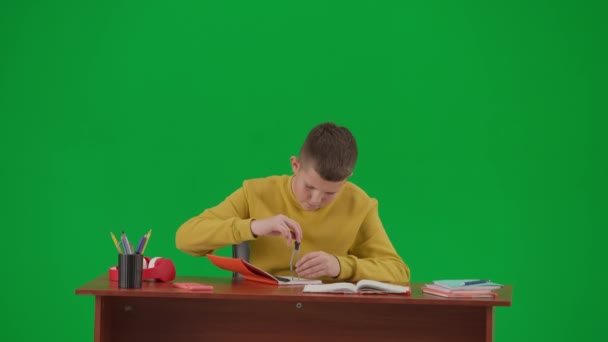 現代の子供の学校とレジャー時間の広告の概念 クロマキーグリーンスクリーンの少年肖像画 スクールボーイは机に座って学校の宿題を作り 書いたり 歩いたりした ミドルショット — ストック動画