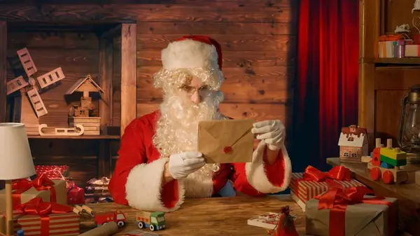 Kerstman Aan Tafel Met Geschenken Het Lezen Van Een Brief — Stockfoto