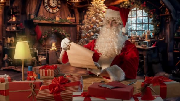 Kerstman Aan Tafel Met Geschenken Het Lezen Van Een Brief — Stockvideo