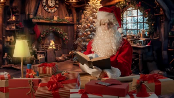 Kerstman Aan Tafel Met Geschenken Het Lezen Van Een Boek — Stockvideo