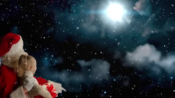 Buon Natale Buone Vacanze Carina Bambina Babbo Natale Guardando Stella — Video Stock