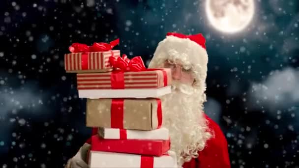 Close Shot Senior Bearded Man Santa Clause Outfit Carrying Gift — Stock Video