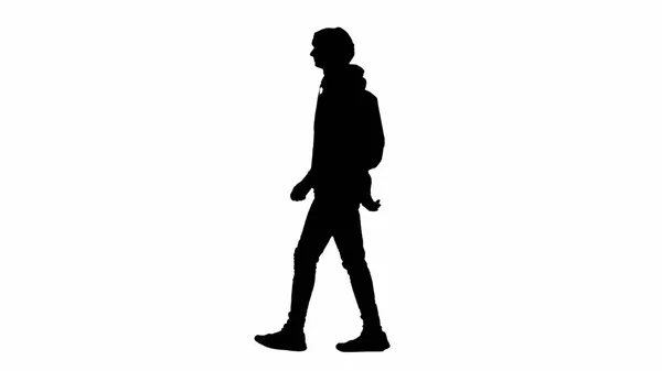 旅行创意机场广告的概念 在白色背景 通道上孤立的旅行者的肖像 年轻男子背着背包走来走去 环顾四周的轮廓 — 图库照片