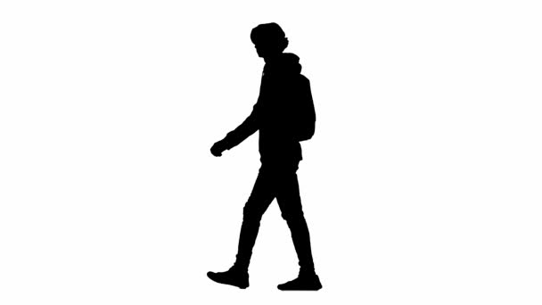 由飞机旅行创意机场广告的概念 在白色背景 通道上孤立的轮廓旅行者的肖像 年轻人在智能手机上走来走去接电话 — 图库视频影像