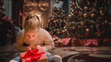 Noel ağacının arkasına poz veren şirin küçük bir kız çocuğu portresi. Sihirli ışık kutudan geliyor. Noel konsepti.