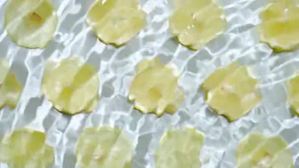 水中のレモンのスライス または白い背景にスプラッシュとドロップトップビューフラットレイと水中 — ストック動画