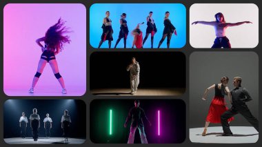 Çeşitli stillerde dans eden insanların kolajları.