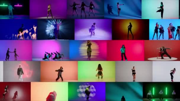 さまざまなスタイルの人々のダンスのコラージュセット — ストック動画