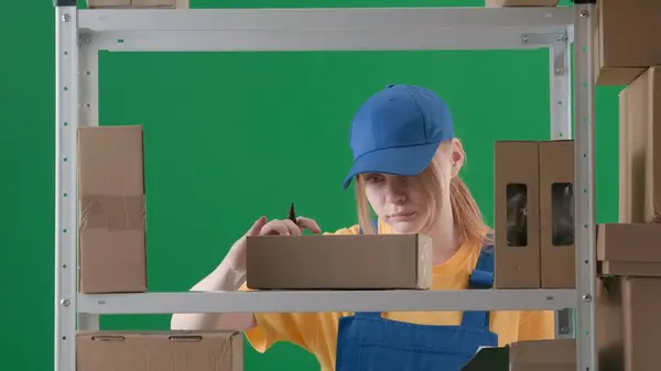 框架在绿色的背景上 铬钥匙 描述一个穿着制服和帽子的年轻女子 演示员工 仓库的仓库管理员 她是个专心致志 专心致志的人 — 图库照片