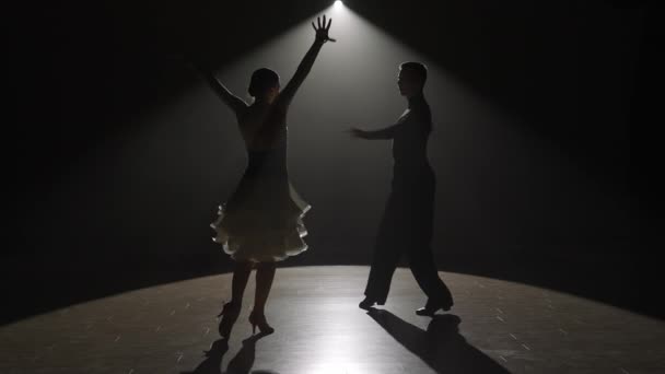 スポットライトのエレガントなボールルームダンスカップル この印象的なビデオは 暗闇に対する特異なスポットライトに包まれた2人のミッドパフォーマンスを踊るボールルームをキャプチャし その形を強調します — ストック動画