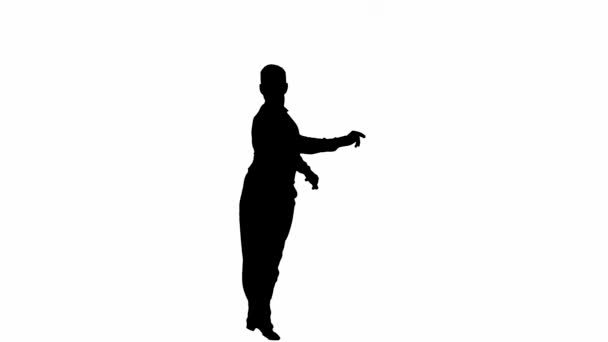 男性ボールルーム ダンサー シルエット この印象的なシルエットは 男性のボールルームダンサーを中央に収め 彼の姿勢とポイズを大胆でグラフィックな形に凝縮しました スタークホワイトの背景に設定 — ストック動画