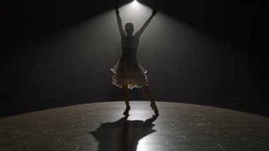 Bir kadın dansçının çarpıcı silueti karanlık bir sahnede tek bir spot ışığı altında dramatik bir yoğunluk anı yaşarken yakalanır. Işık uzun bir gölge bırakıyor, derinlik katıyor ve...