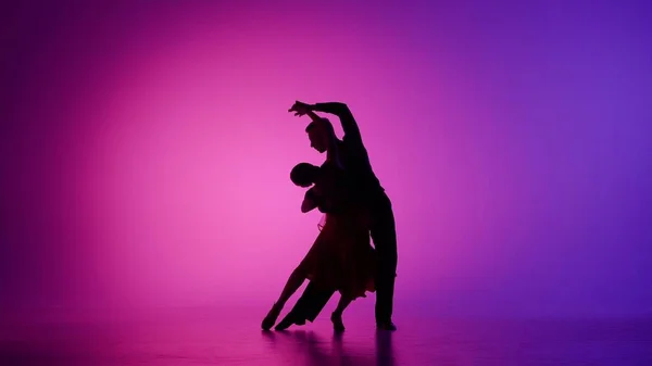 Elegant Ballroom Dance Couple on Spotlight. This striking image captures a ballroom dancing couple mid-performance, enveloped in a singular spotlight against the darkness, highlighting their form and