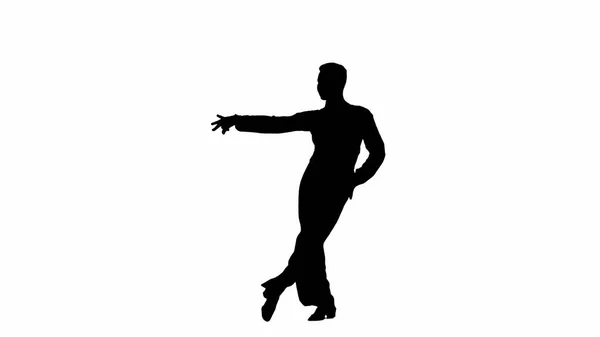男交际舞人轮廓 这张引人注目的剪影描绘了一个大步走到中间的男交际舞者 他的姿势和姿势被压缩成了一个大胆的 生动的形象 背景为赤白相间 — 图库照片