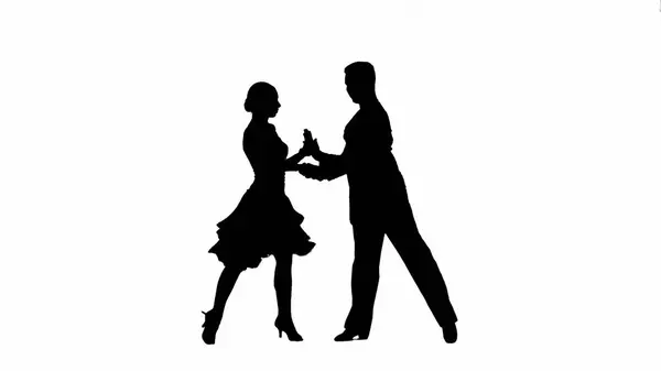 This striking image captures the silhouette of a ballroom dancing couple in a dynamic pose, showcasing the elegance and passion of dance. The man and woman are depicted in mid-dance step, their bodies