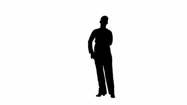 男性ボールルーム ダンサー シルエット この印象的なシルエットは 男性のボールルームダンサーを中央に収め 彼の姿勢とポイズを大胆でグラフィックな形に凝縮しました スタークホワイトの背景に設定 — ストック動画