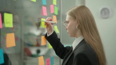 Modern iş dünyasının yaratıcı konseptinde beyin fırtınası ve fikirler. Ofis planlama projesindeki şirket liderinin portresi. İş kadını, cam duvara renkli yapışkan notlara hedefler yazıyor.