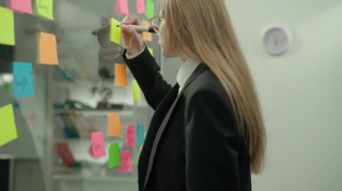Modern iş dünyasının yaratıcı konseptinde beyin fırtınası ve fikirler. Ofis planlama projesindeki şirket liderinin portresi. İş kadını, cam duvara renkli yapışkan notlara hedefler yazıyor.