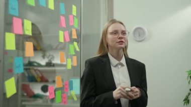 Modern iş dünyasının yaratıcı konseptinde beyin fırtınası ve fikirler. Ofis planlama projesindeki şirket liderinin portresi. İş kadını konuşuyor ve duvarlara renkli yapışkan notlar yazıyor..