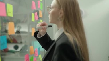 Modern iş dünyasının yaratıcı konseptinde beyin fırtınası ve fikirler. Ofis planlama projesindeki şirket liderinin portresi. İş kadını cam tahtada figürlerle finansal yuvarlak diyagram çiziyor.