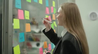 Modern iş dünyasının yaratıcı konseptinde beyin fırtınası ve fikirler. Ofis planlama projesindeki şirket liderinin portresi. İş kadını camlara mali şema çiziyor, iş arkadaşlarıyla konuşuyor..