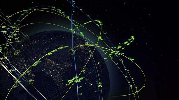 地球上のグローバルネットワークデータの可視化 この画像は 地球上のデータ転送経路とノードを描いた高度なグローバルネットワーキングビジュアライゼーションを示しています 活気あふれる黄色と青 — ストック写真