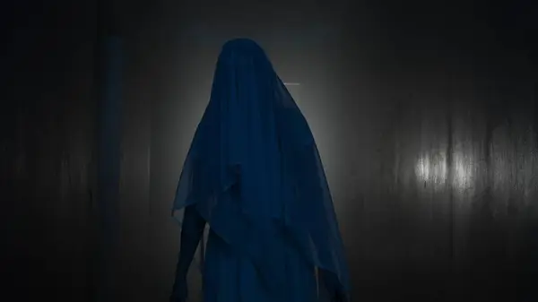 Horror Movie Poltergeist Creative Advertisement Concept Portrait Ghost Female House — Stock Photo, Image