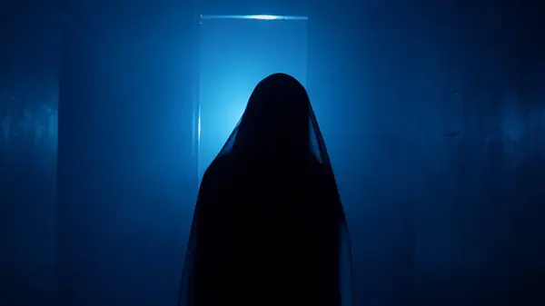 Horror Movie Poltergeist Creative Advertisement Concept Portrait Ghost Female House — Stock Photo, Image
