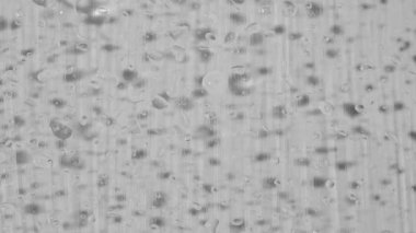 Su elementleri yaratıcı reklam konsepti. Beyaz arka planda şeffaf camların yakın plan görüntüsü. Yüzeye birçok su damlası düşer ve soyut yansıma deseni oluşturur..