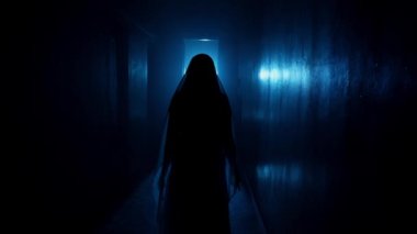 Korku filmi ve kötü ruh yaratıcı reklam konsepti. Evde hayalet kadın portresi var. Yüzü peçeli, beyaz elbiseli bir kadın mavi ışıklı bir şimşekle odada yürüyor..