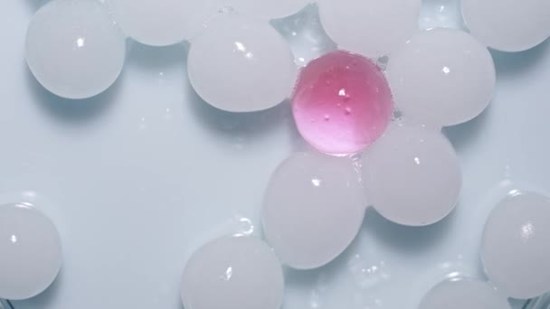 ゲルクリエイティブ広告コンセプト 白い背景の液体物質のショットを閉じます 明確な表面に置かれているピンクの1つが付いている白い球の化粧品のプロダクトゲルか血清 — ストック動画