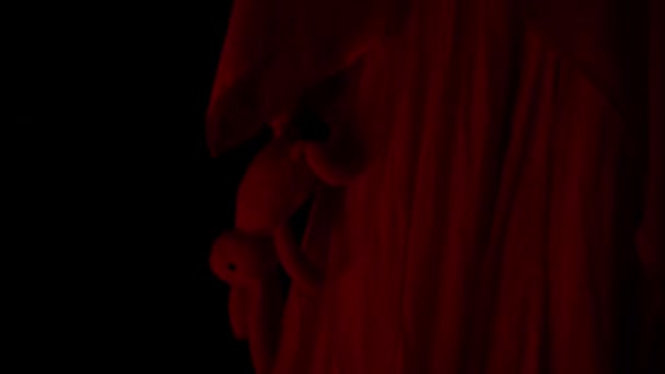 恐怖片和政治宣传创意广告的概念 房子里的女鬼一个穿着白衣的女人拿着一个玩具走在走廊上 闪烁的红色恐怖光 靠近点 — 图库视频影像