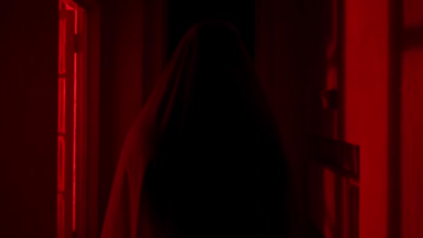 恐怖片和政治宣传创意广告的概念 房子里的女鬼一个身穿白衣 蒙着面纱的女人走在走廊上 闪烁的红色恐怖光 — 图库视频影像