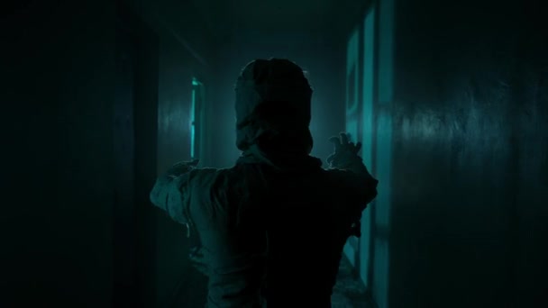 ホラー映画とポルターギストクリエイティブ広告コンセプト 家の中の幽霊の肖像画 青い点滅する稲妻と廊下を歩く白い布のリボンで覆われたママ — ストック動画