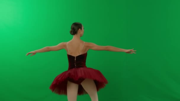 クラシックでモダンなバレエクリエイティブ広告コンセプト クロマキーの緑色の背景に女性の肖像画 クローズアップショットバレリーナで赤いチュートルとダークボディスピニングでポントシューズ — ストック動画