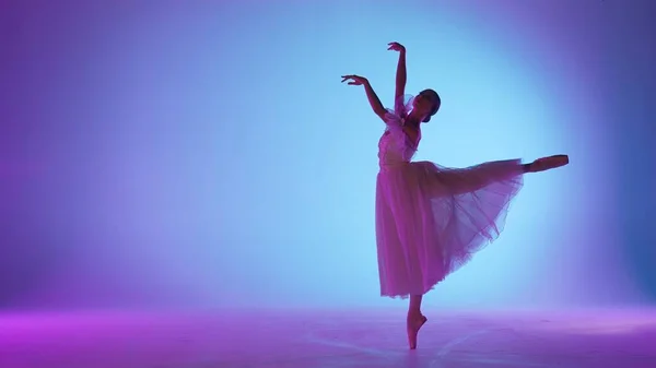 Classical Modern Ballet Creative Advertisement Concept Portrait Female Purple Background — Stock Photo, Image