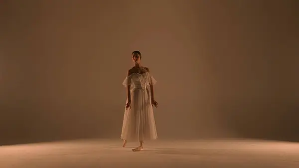 古典和现代芭蕾舞创意广告的概念 演播室里温暖光线下背景柔和的女性画像 白色郁金香中美丽的芭蕾舞演员表现出舞蹈编排的舞蹈元素 — 图库照片