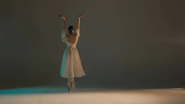 クラシックでモダンなバレエクリエイティブ広告コンセプト スタジオで暖かい光で柔らかい背景に女性の肖像画 振付のダンス要素を示す白いチュールの美しいバレリーナ — ストック写真