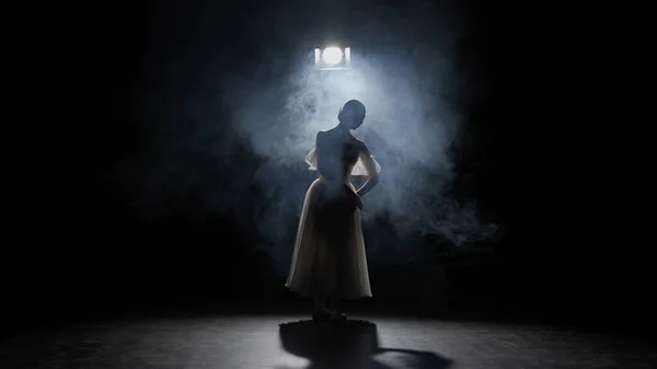 Classical and modern ballet creative advertisement concept. Silhouette of female on black background under spotlight projector in studio. Ballerina in white tulle dancing slow choreography in smoke.