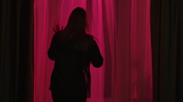 Vue Arrière Une Femme Approchant Une Fenêtre Éclairée Par Des — Video