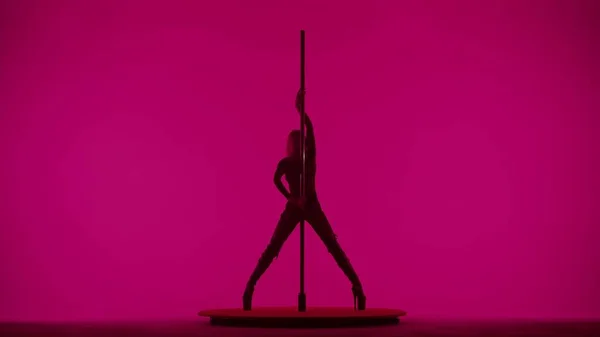 Modern dance style and choreography creative concept. Portrait of young female dancer in the studio. Professional pole dancer girl dancing on pylon, showing modern pole dance, pink neon background.