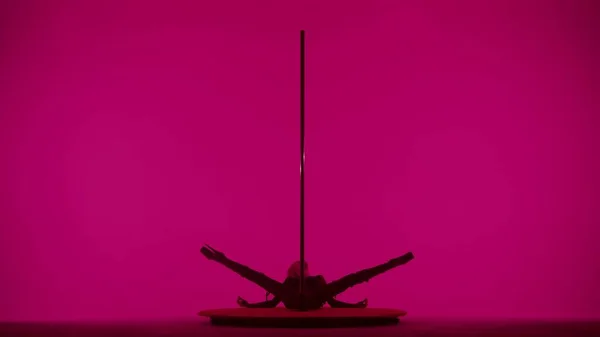 Modern dance style and choreography creative concept. Portrait of young female dancer in the studio. Professional pole dancer girl dancing on pylon, showing modern pole dance, pink neon background.