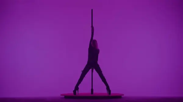 现代舞蹈风格和舞蹈创作的创新理念 演播室里年轻女舞蹈演员的画像 专业的钢管舞女舞女 身姿现代钢管舞 背景为紫色霓虹灯 — 图库照片