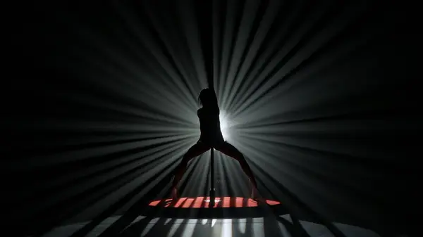 Modern dance style and choreography creative concept. Portrait of young female dancer in the studio. Professional pole dancer girl silhouette dancing modern pole dance against bright spotlight.