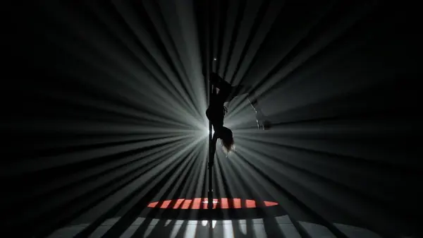 Modern dance style and choreography creative concept. Portrait of young female dancer in the studio. Professional pole dancer girl silhouette dancing modern pole dance against bright spotlight.